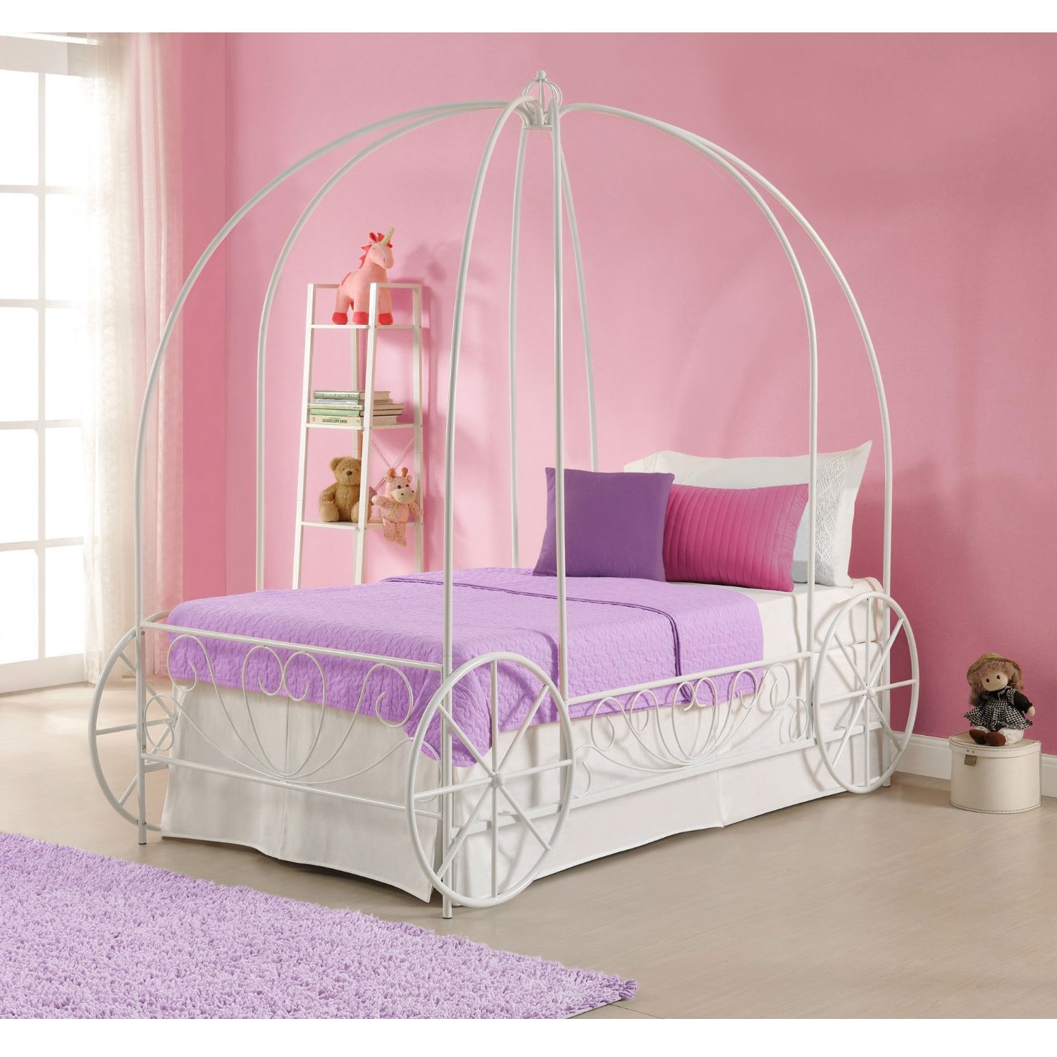 FaFurn - Twin Size Canopy Bed Frame with Decorative Wheels in White, Metal