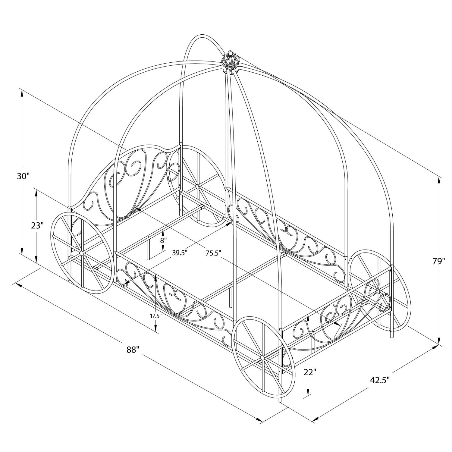 FaFurn - Twin Size Canopy Bed Frame with Decorative Wheels in White, Metal