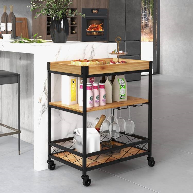 FaFurn - Modern Bar Cart with Removable Top Tray in Wood