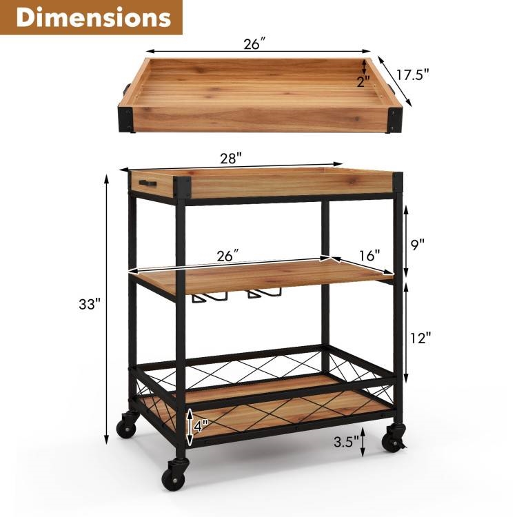 FaFurn - Modern Bar Cart with Removable Top Tray in Wood