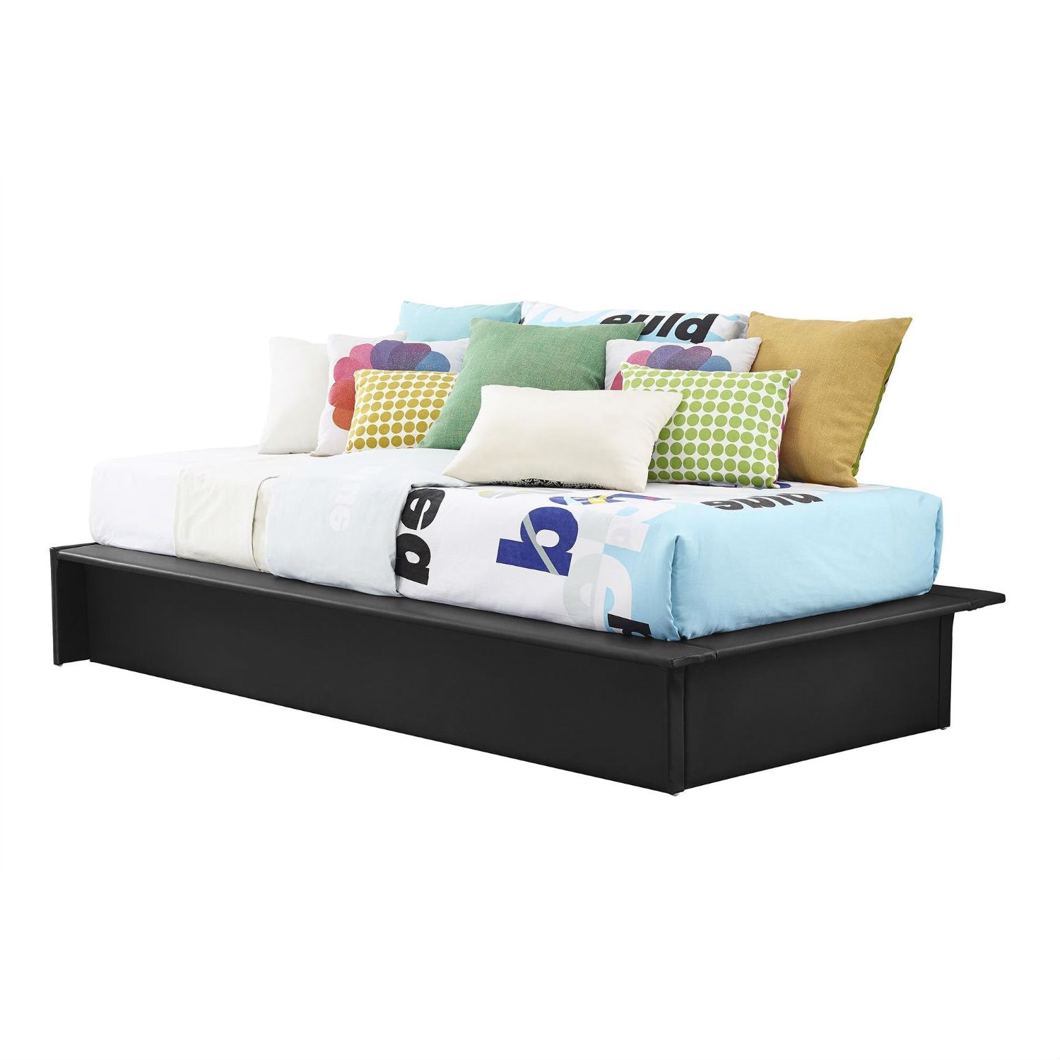 FaFurn - Twin Size Platform Bed Frame with Wood Slats in Black, Leather