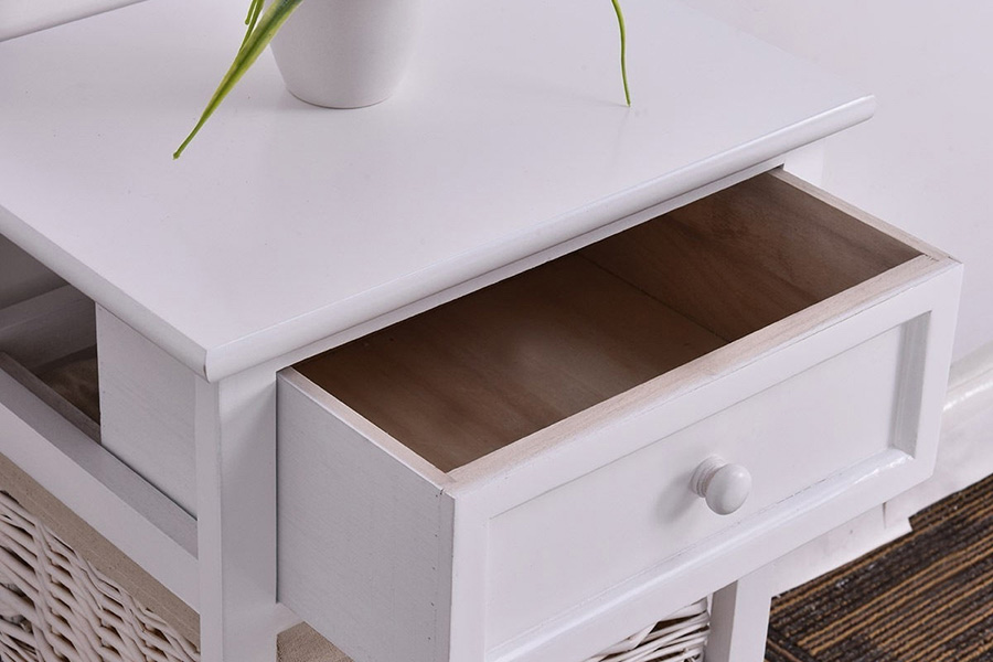 FaFurn - White Wooden 1-Drawer End Table Nightstand with 2 Baskets