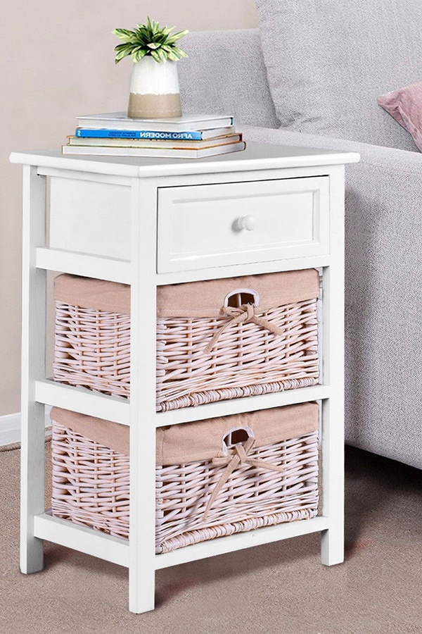 FaFurn - White Wooden 1-Drawer End Table Nightstand with 2 Baskets