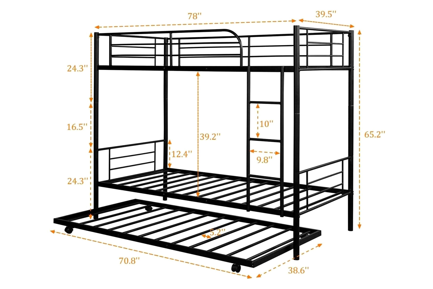 FaFurn - Twin Over Twin Bunk Bed with Trundle Bed in Black Metal Finish