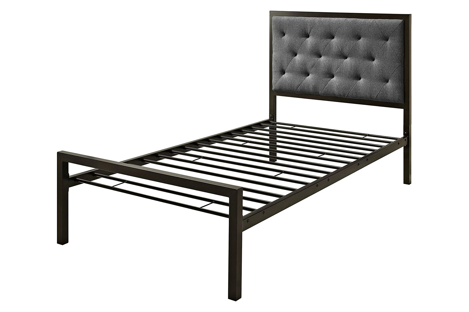 FaFurn - Twin Metal Platform Bed with Gray Fabric Button Tufted Upholstered Headboard