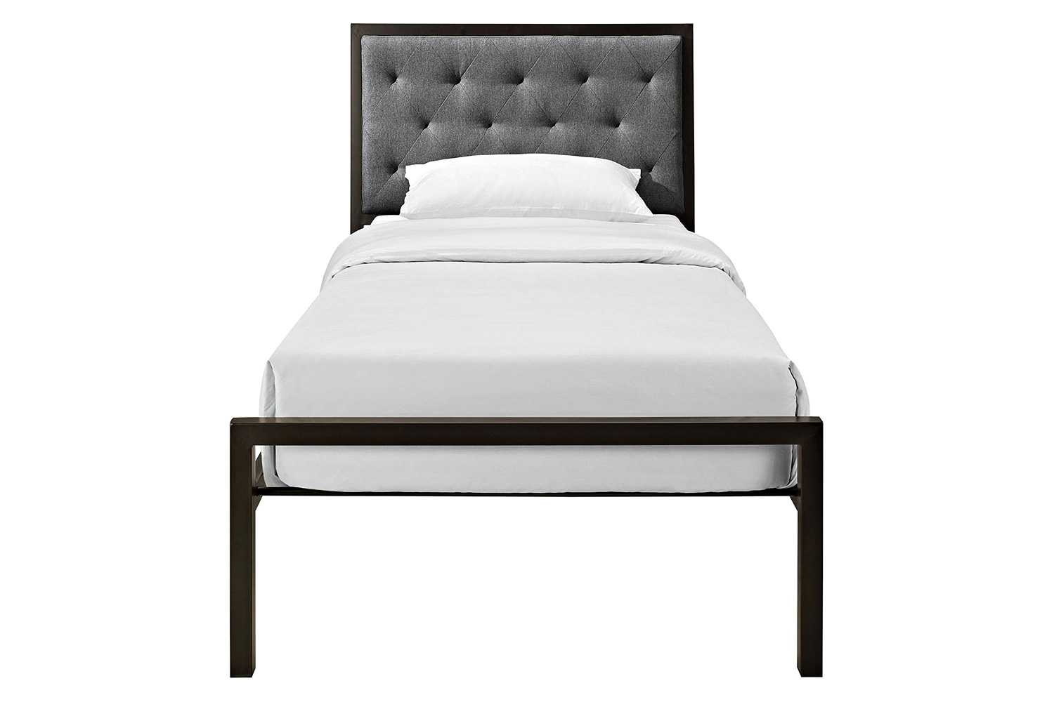 FaFurn - Twin Metal Platform Bed with Gray Fabric Button Tufted Upholstered Headboard