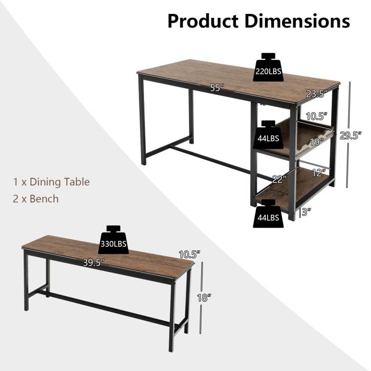 FaFurn - 3-Piece Modern Dining Set with 2 Benches and Wine Rack in Coffee, Wood/Metal