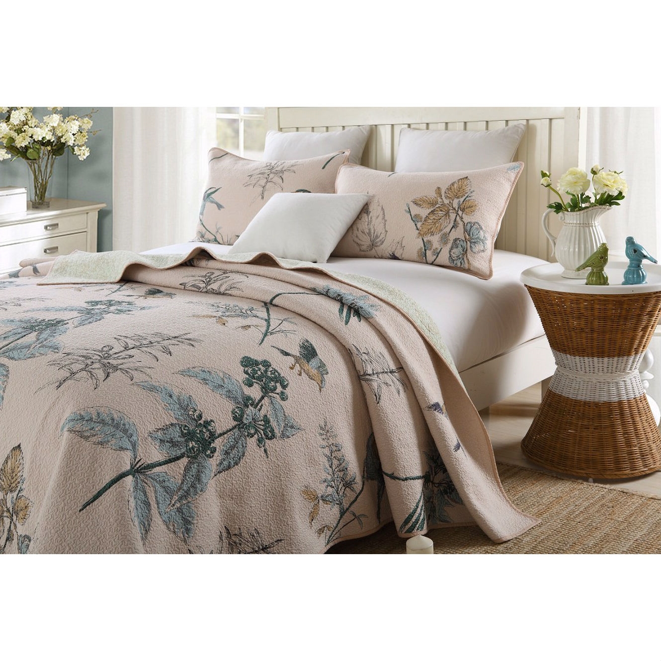 FaFurn - 3-Piece Full Size Bedspread Set with Floral Birds Pattern in Cotton