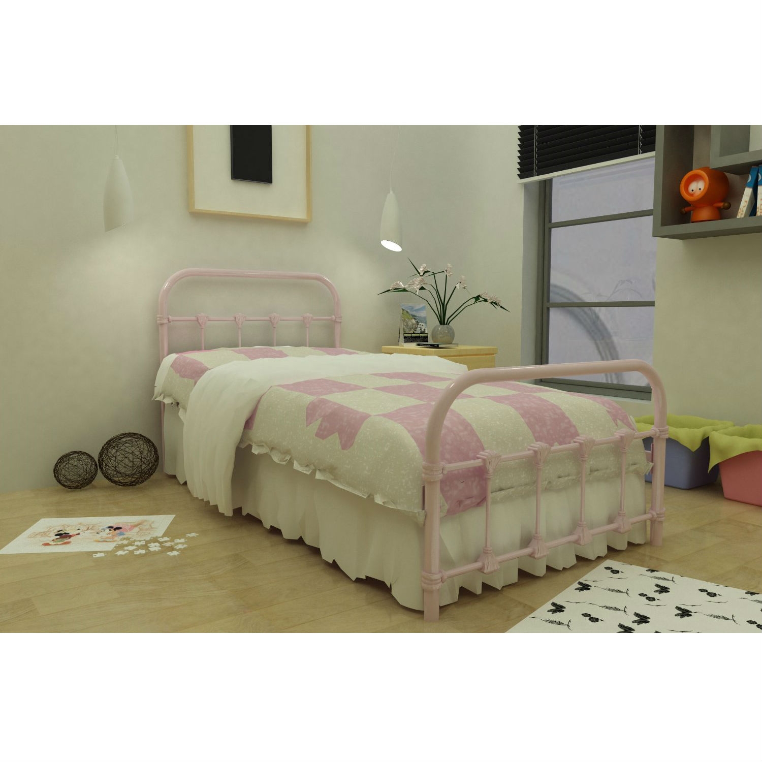 FaFurn - Twin Size Platform Bed Frame with Headboard and Footboard in Pink, Metal