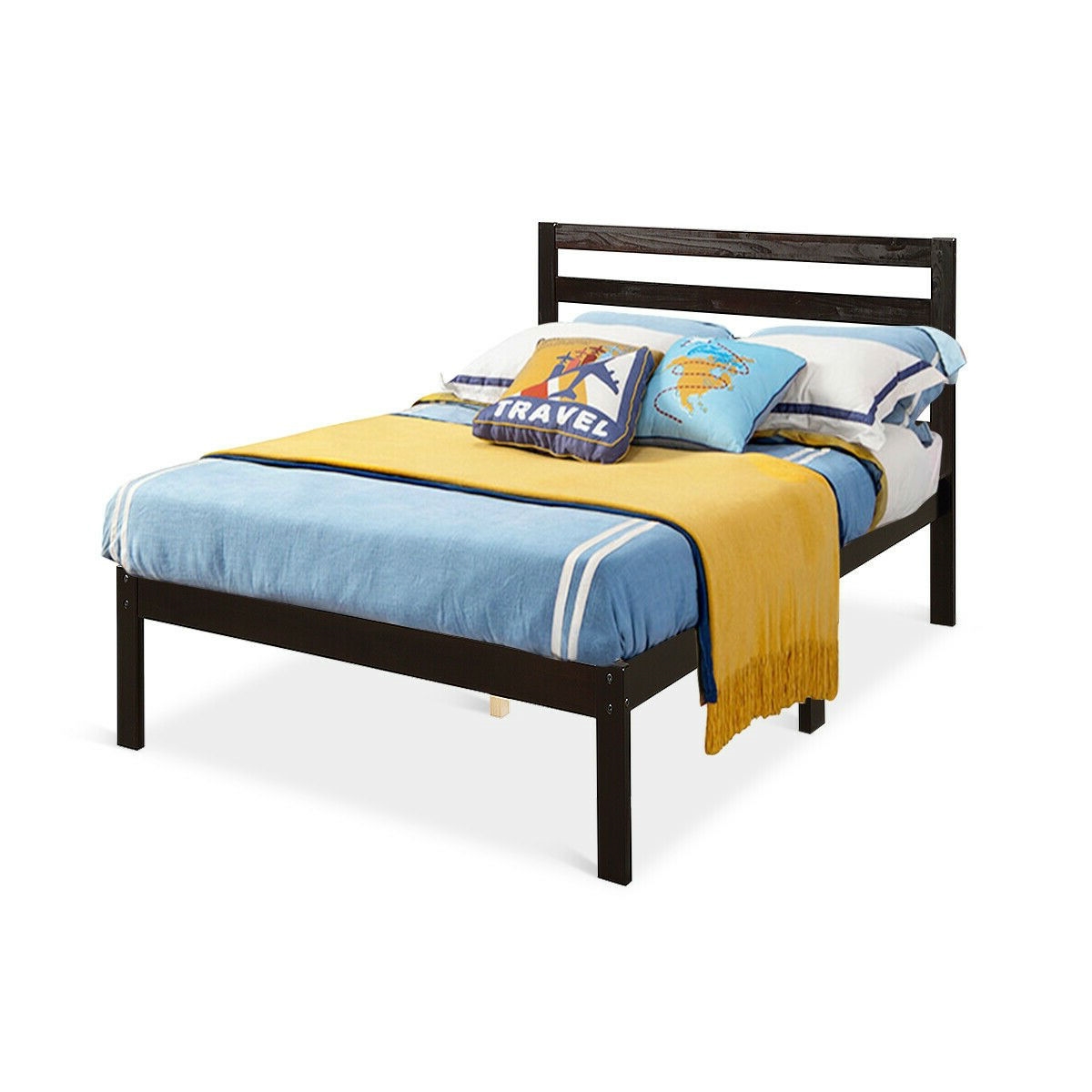 FaFurn - Twin Size Platform Bed Frame with Headboard in Espresso, Wood