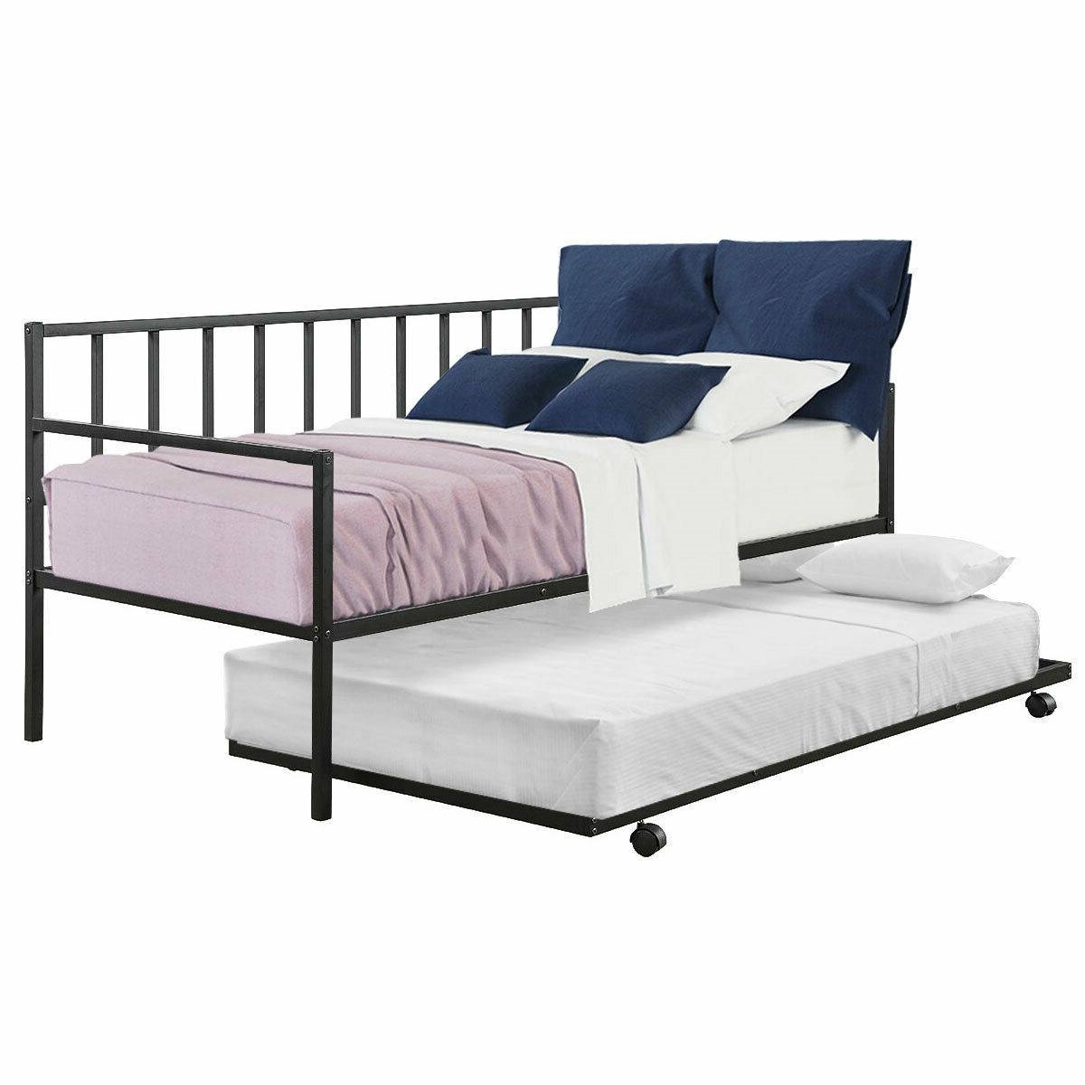 FaFurn - Twin Size Daybed Frame with Roll-out Trundle Bed Frame in Black