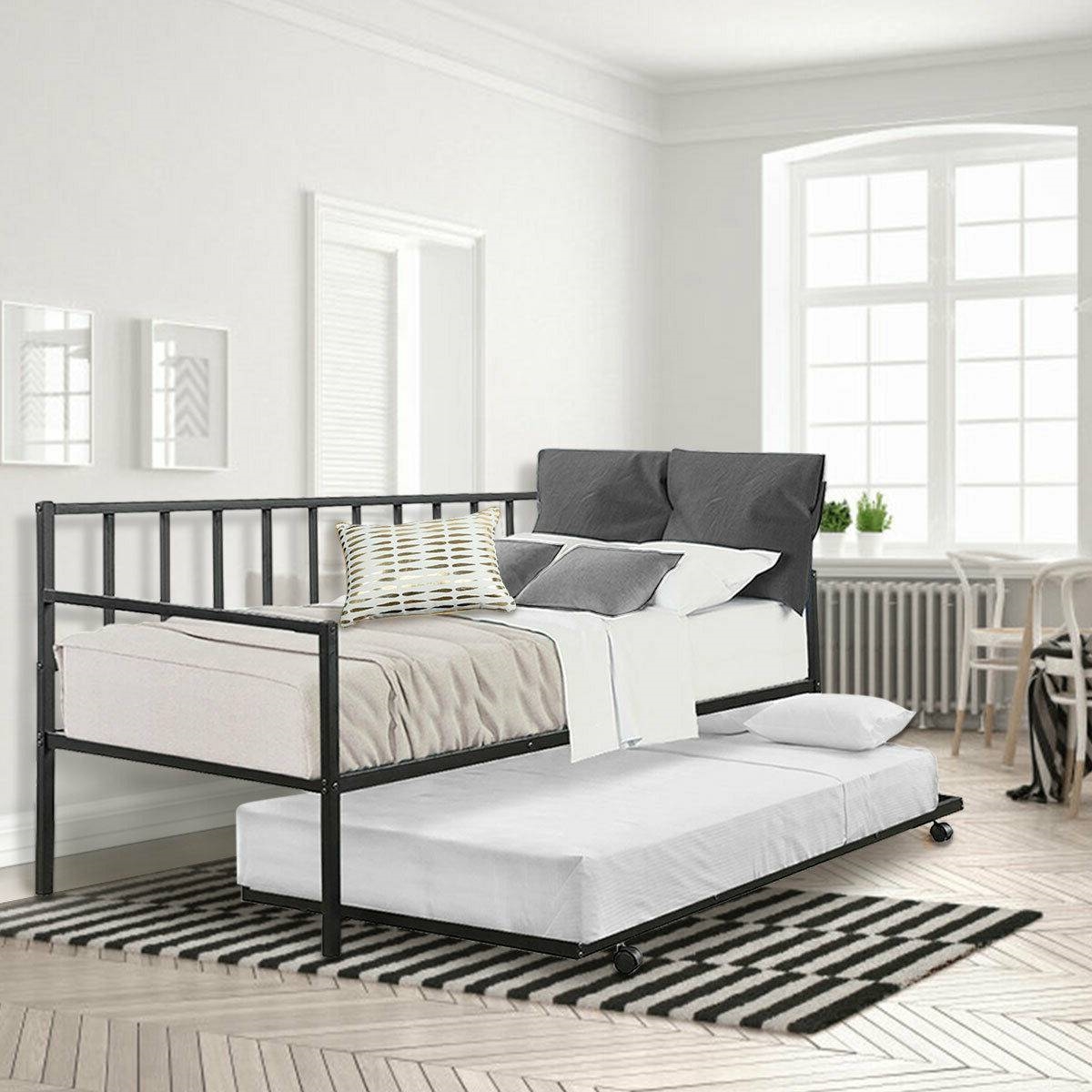 FaFurn - Twin Size Daybed Frame with Roll-out Trundle Bed Frame in Black