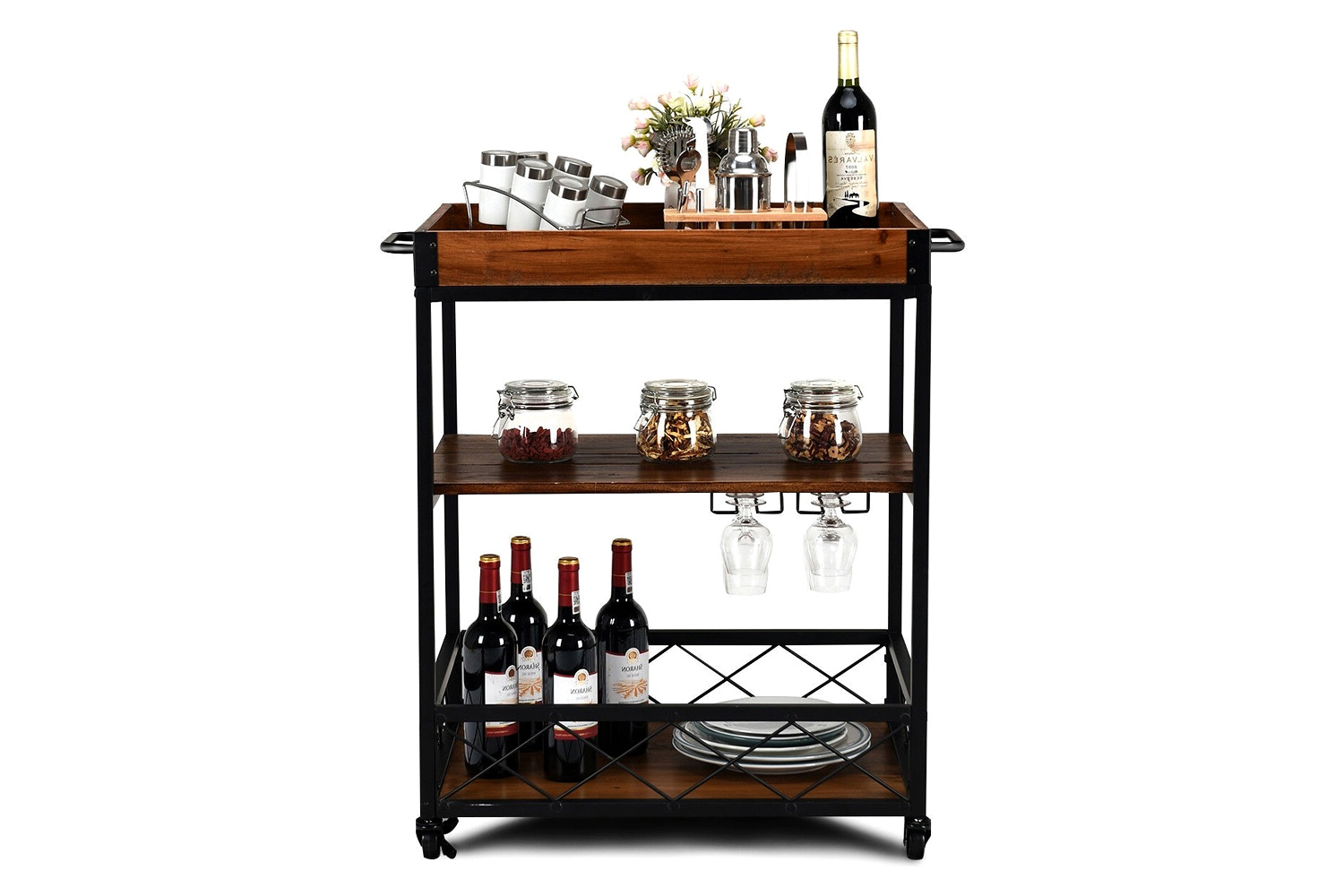 FaFurn - Wood Iron Kitchen Cart with Removeable Tray Top and Wheels