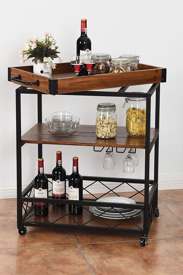 FaFurn - Wood Iron Kitchen Cart with Removeable Tray Top and Wheels