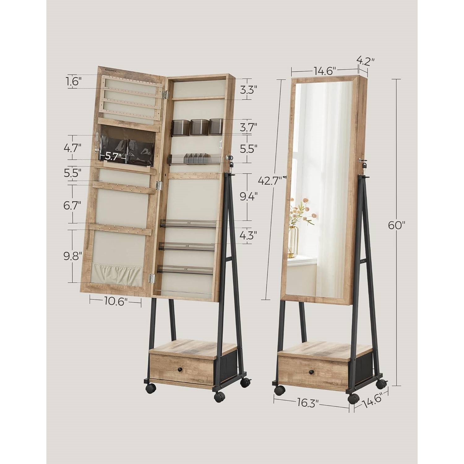 FaFurn Modern Jewelry Armoire Cabinet Organizer Mirror on Wheels - Light Oak, Metal/Wood