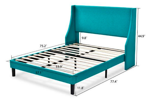 FaFurn Full Size Platform Bed with Wingback Headboard - Turquoise, Fabric