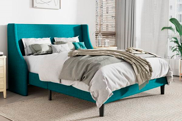 FaFurn King Size Platform Bed with Headboard Wingback - Turquoise, Fabric