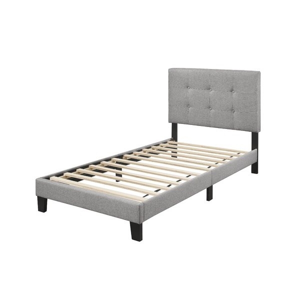 FaFurn - Twin Size Platform Bed Frame with Gray Button Tufted Headboard