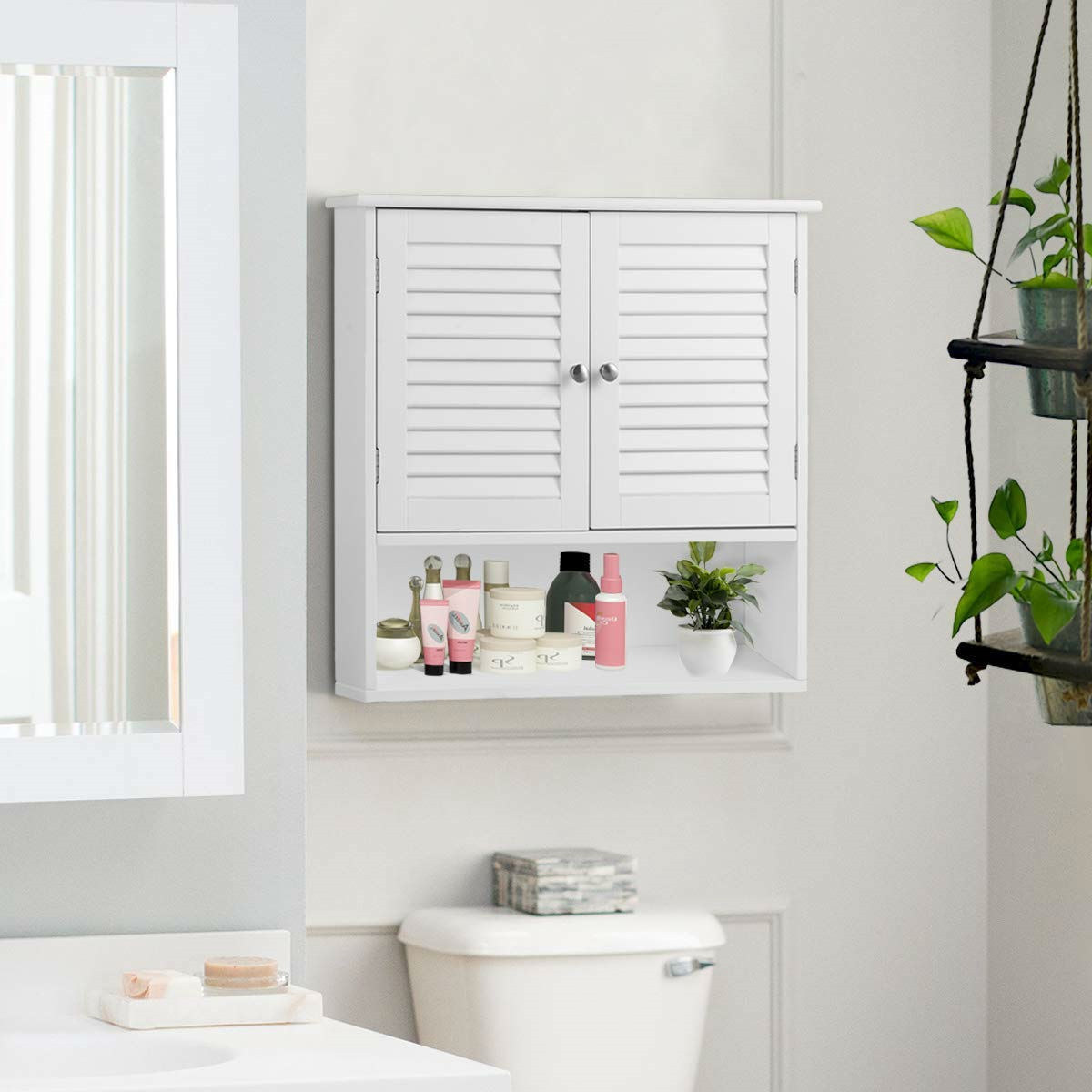 FaFurn Bathroom Cabinet with Louver Doors and Metal Knobs - White, Wood