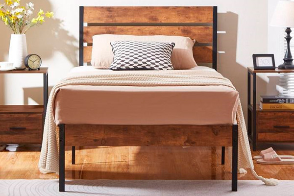 FaFurn Industrial Twin Size Platform Bed with Wood Slatted Headboard - Brown, Wood