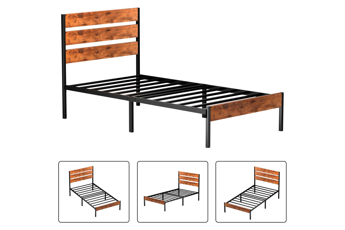 FaFurn Industrial Twin Size Platform Bed with Wood Slatted Headboard - Brown, Wood