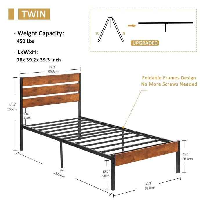 FaFurn Industrial Twin Size Platform Bed with Wood Slatted Headboard - Brown, Wood