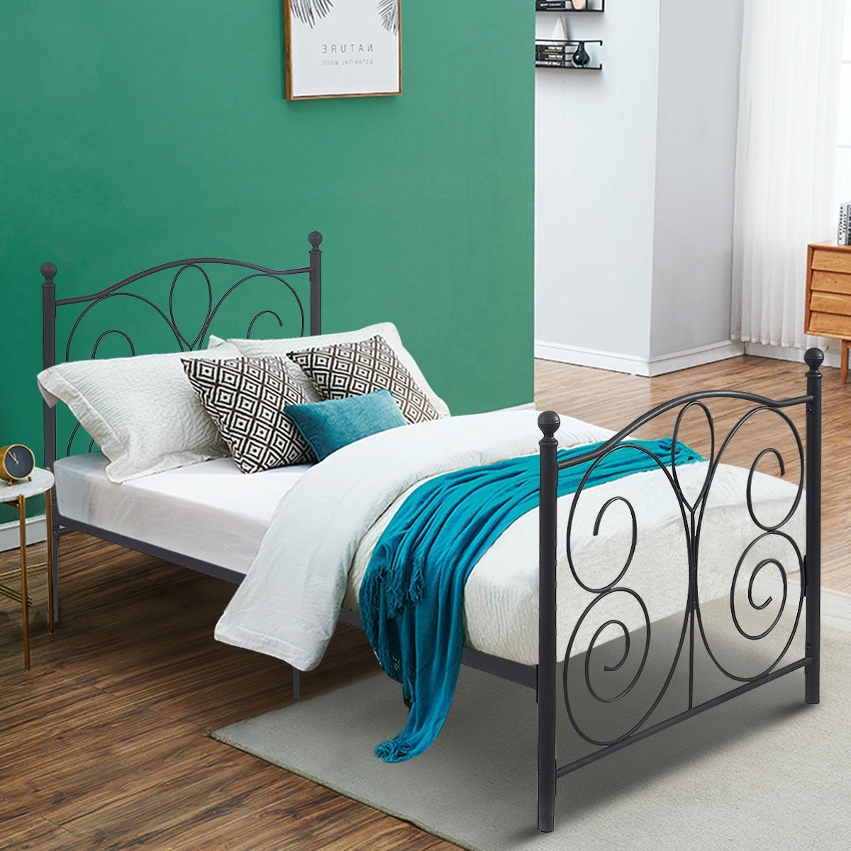 FaFurn - Twin Size Bed Frame with Scroll Heaboard Footboard in Black