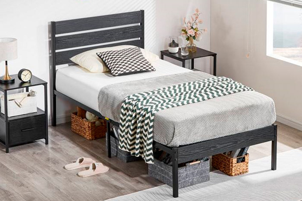 FaFurn Industrial Twin Size Platform Bed with Wood Slatted Headboard - Black, Wood