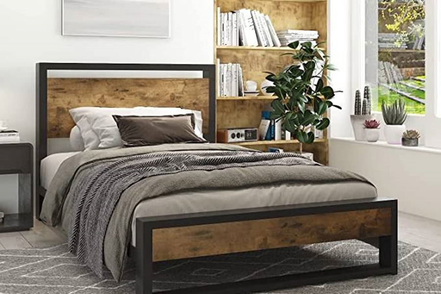 FaFurn Modern Farmhouse Platform Bed Frame with Wood Panel Headboard Footboard - Wood/Black, Twin Size