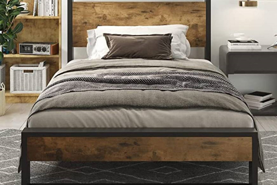 FaFurn Modern Farmhouse Platform Bed Frame with Wood Panel Headboard Footboard - Wood/Black, Twin Size