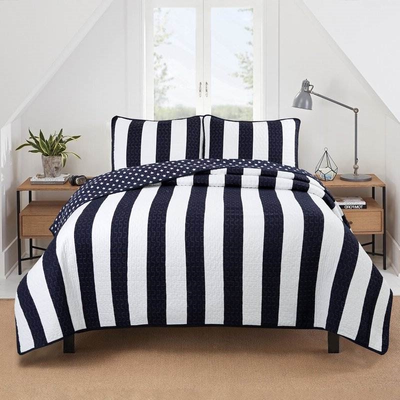 FaFurn 2-Piece Twin Size Reversible Stars Quilt Set - Navy Blue/White, Cotton