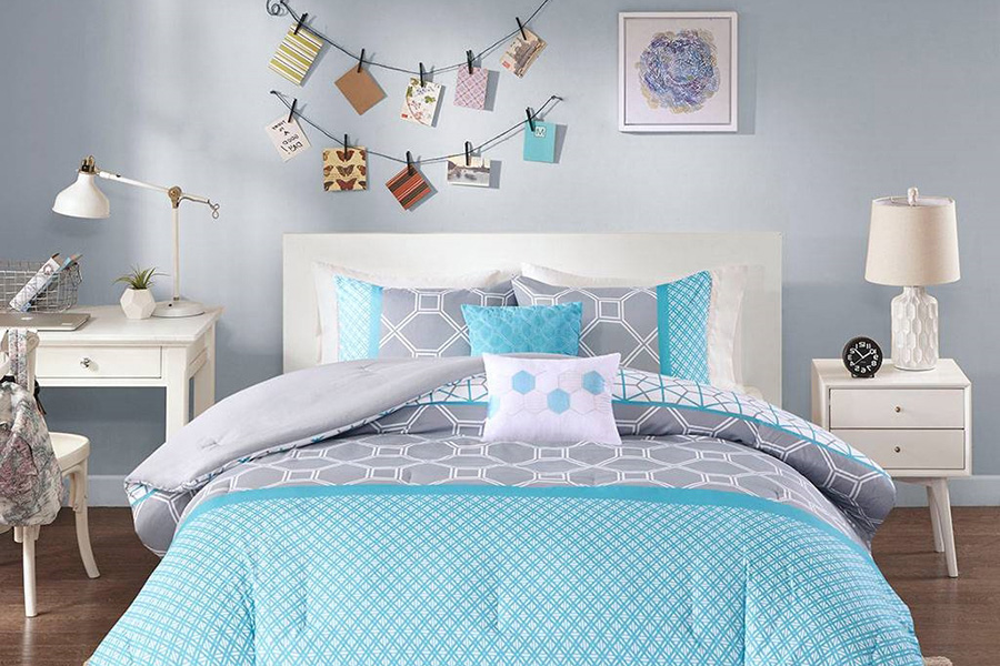 FaFurn - Twin/Twin Xl 4-Piece Teal Blue Gray White Geometric Comforter Set