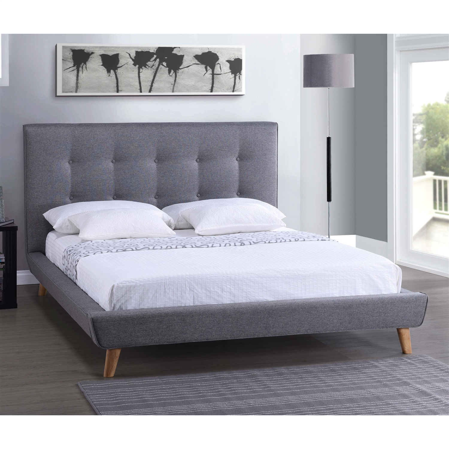 FaFurn - Modern Queen Size Platform Bed Frame with Button Tufted Headboard in Gray, Linen