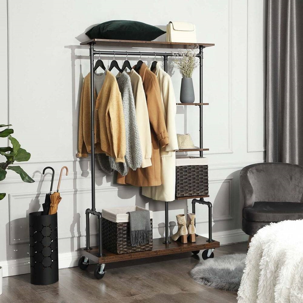 FaFurn - Garment Rack Clothes with Wood Storage Shelves on Wheels in Brown, Iron