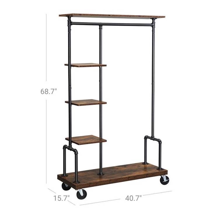 FaFurn - Garment Rack Clothes with Wood Storage Shelves on Wheels in Brown, Iron