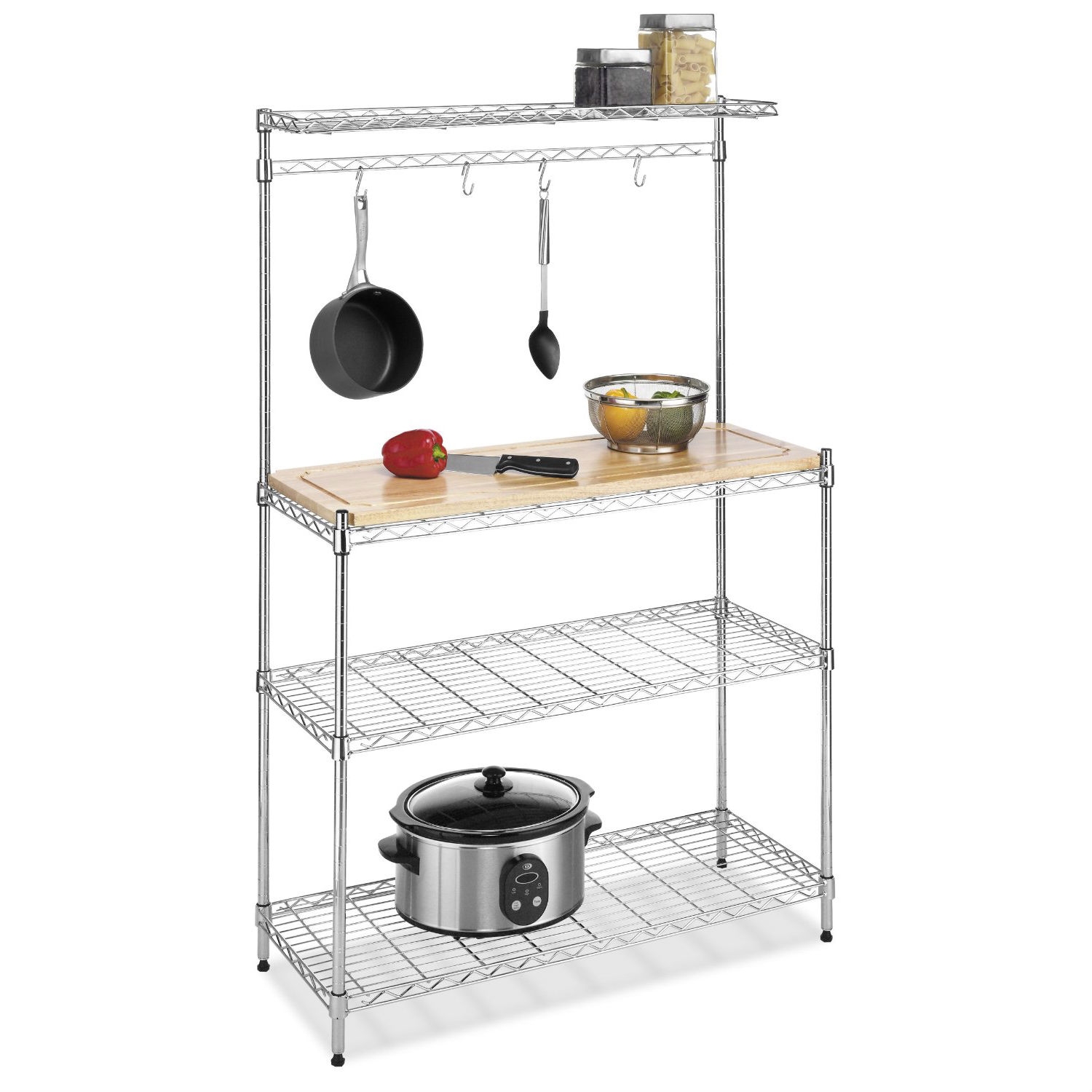 FaFurn - Bakers Rack with Removable Wood Cutting Board in Steel