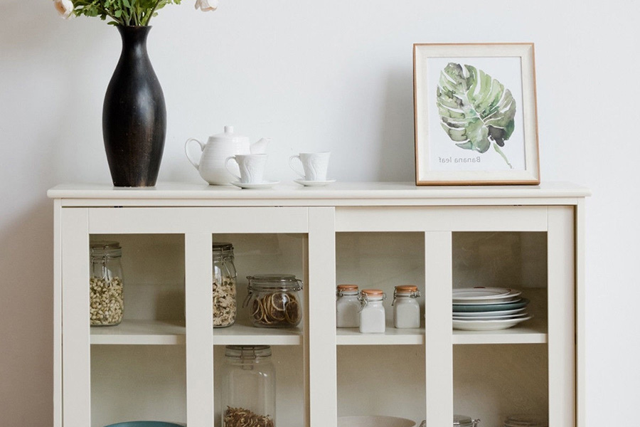 FaFurn - Modern Cream White Wood Buffet Sideboard Cabinet with Glass Sliding Door