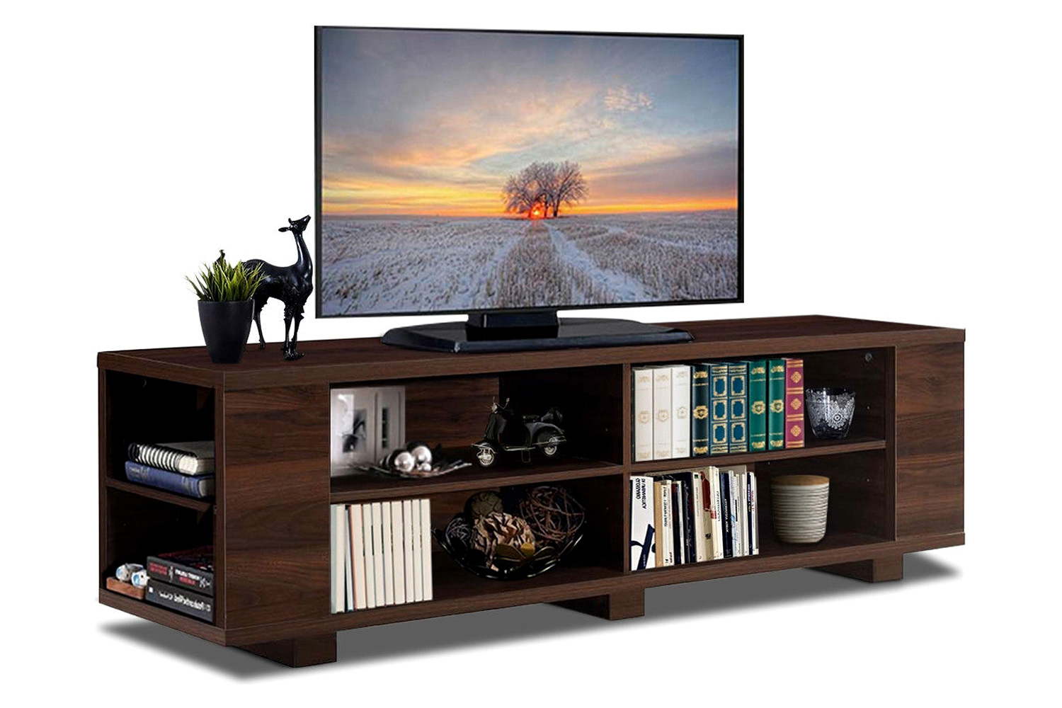 FaFurn Modern TV Stand in Wood Finish Holds Up To 60-Inch TV - Walnut