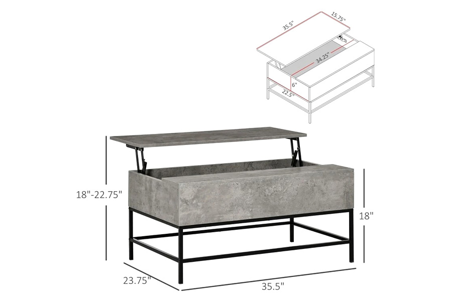 FaFurn™ Modern Lift Top Coffee Table W/ Hidden Storage Black Metal Legs - Gray