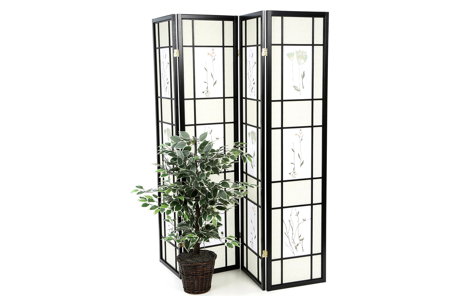 FaFurn - Black 4-Panel Room Divider Shoji Screen with Asian Floral Print