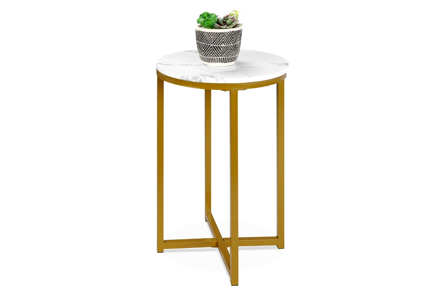 FaFurn - Round Cross Leg Design Coffee Side Table Nightstand with Faux Marble Top