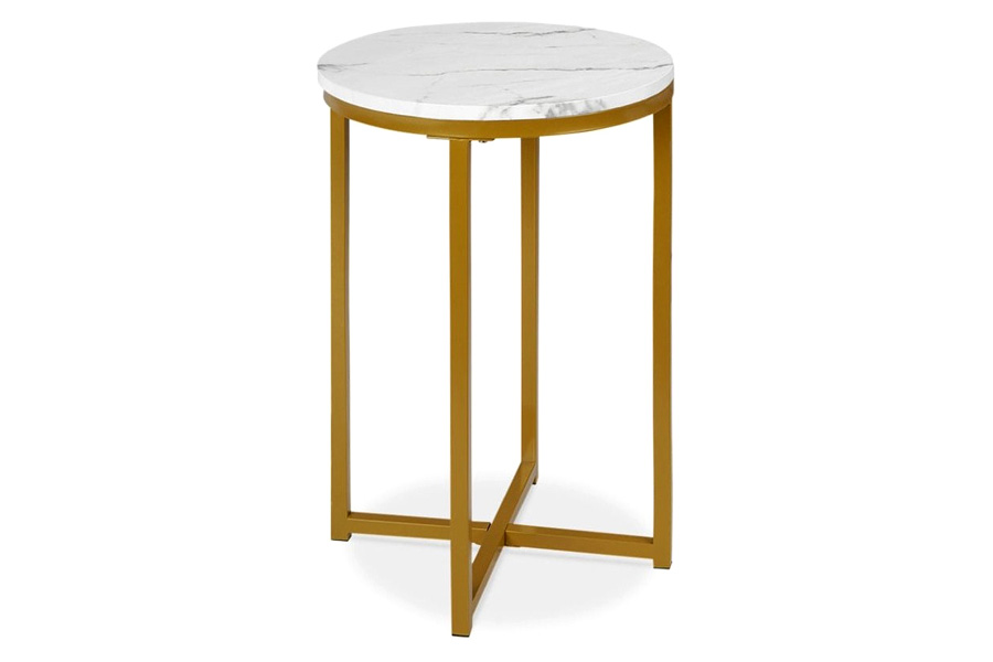 FaFurn™ Round Cross Leg Design Coffee Side Table Nightstand with Faux Marble Top - White/Gold