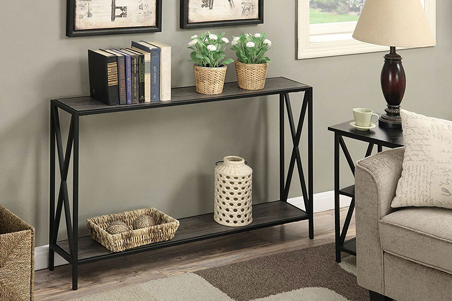 FaFurn - Weathered Gray Wood Console Sofa Table with Bottom Shelf and Metal Frame