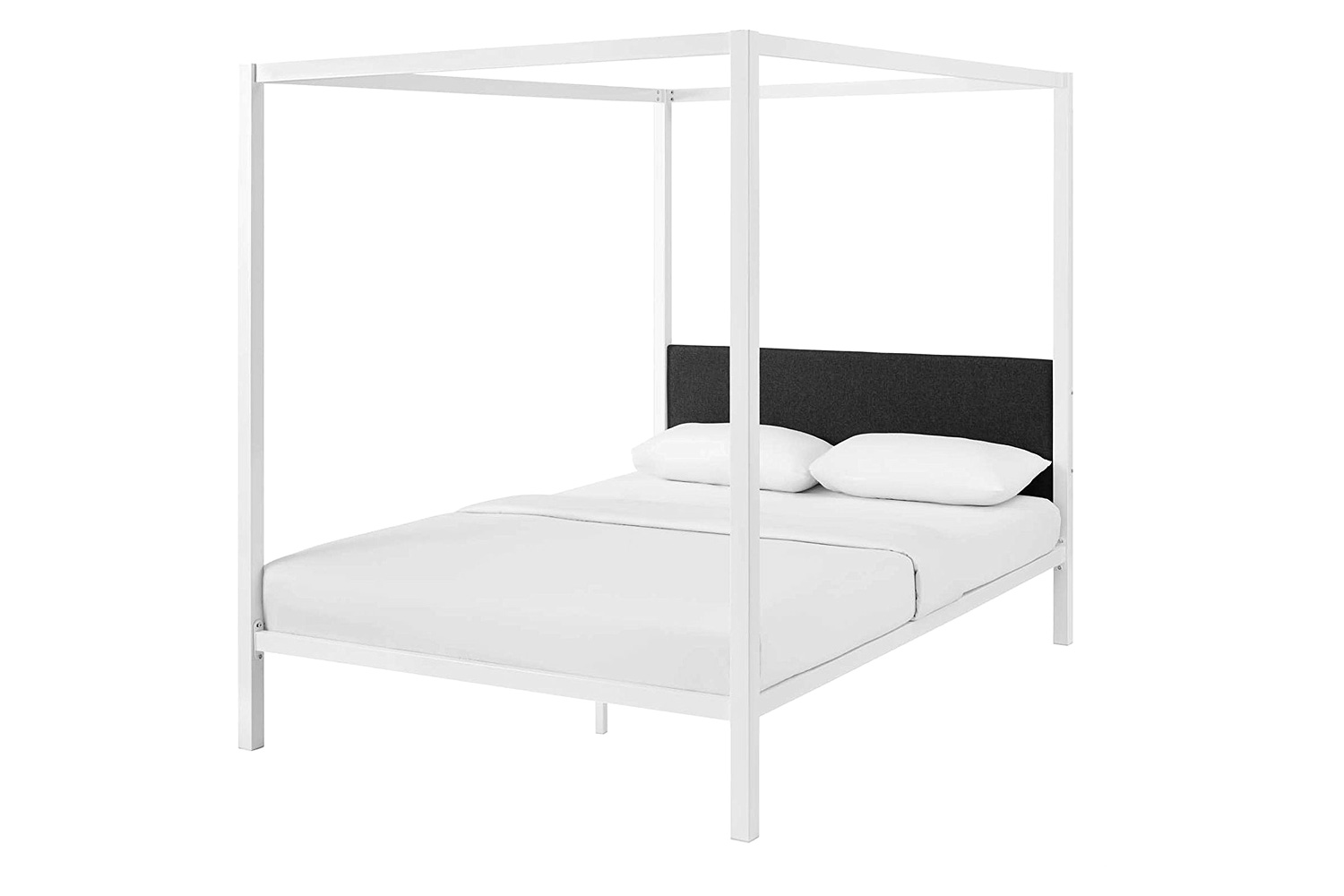 FaFurn Queen Size Metal Canopy Bed Frame with Gray Fabric Upholstered Headboard - White