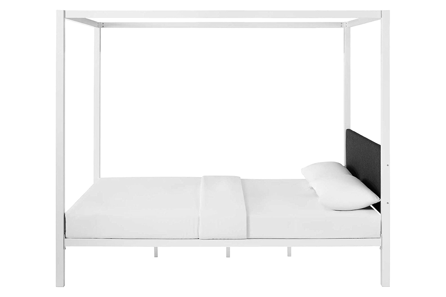 FaFurn Queen Size Metal Canopy Bed Frame with Gray Fabric Upholstered Headboard - White