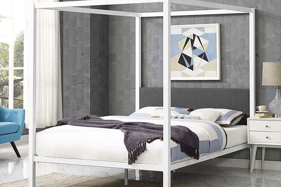 FaFurn - Metal Canopy Bed Frame with Gray Fabric Upholstered Headboard