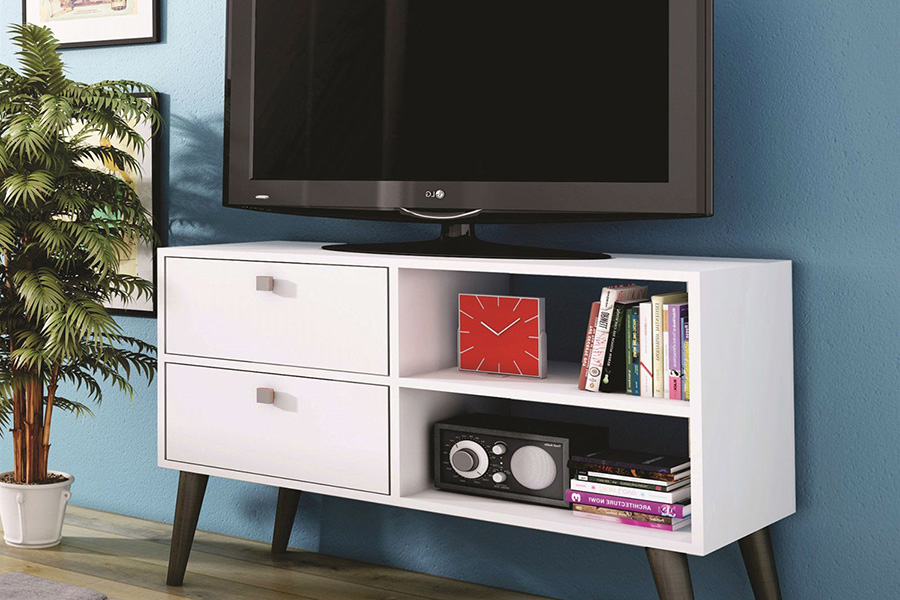 FaFurn - White Gray Wood Modern Classic Mid-Century Style TV Stand Entertainment Center