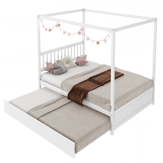 FaFurn - Full Size Canopy Platform Bed with Twin Roller Trundle Bed in White