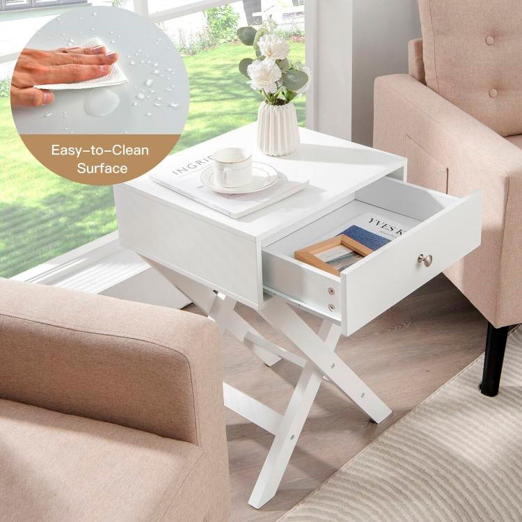 FaFurn™ X-Shape 1 Drawer End Table with Knob Handle - White, Wood