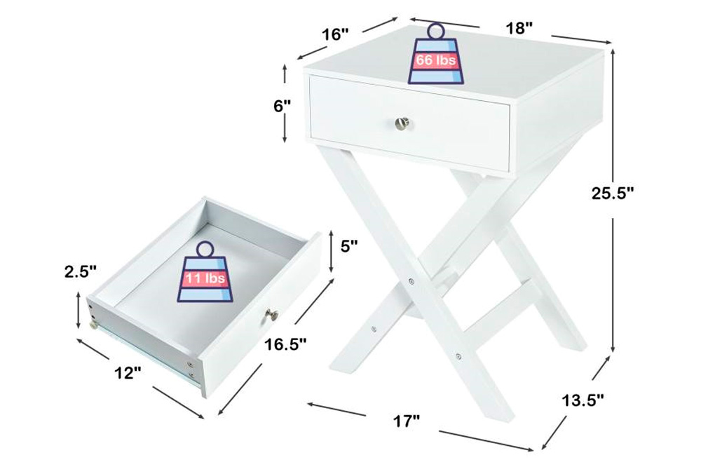 FaFurn™ X-Shape 1 Drawer End Table with Knob Handle - White, Wood